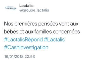 Lactalis, sur Twitter, en mode communication de crise avec une phrase automatique
